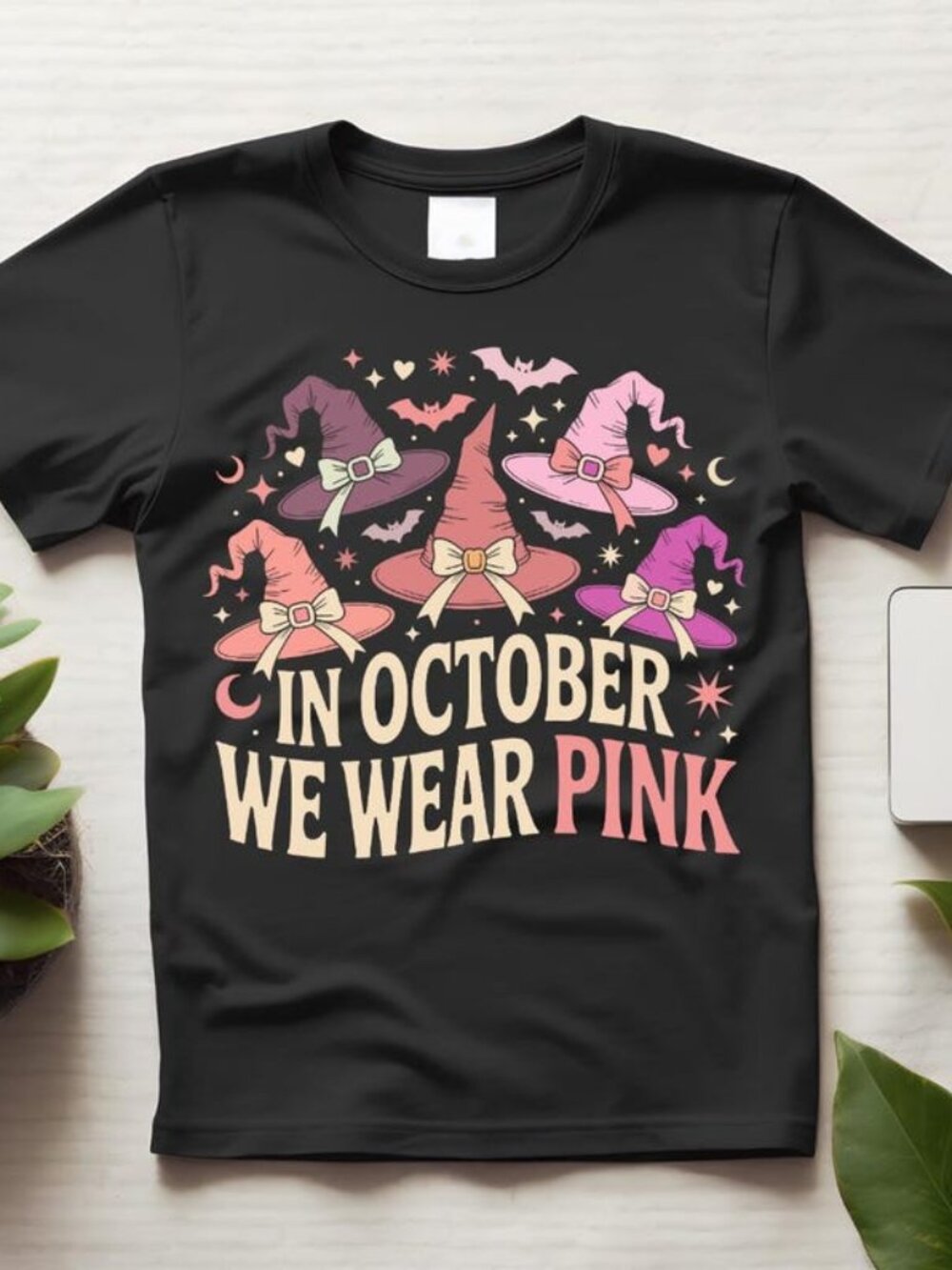 In October We Wear Pink Witch Hat Breast Cancer Awareness Halloween Shirt